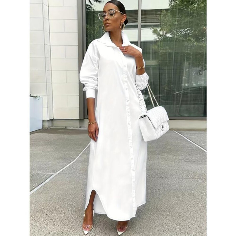 (white, XL) YYFS Women's Fashion Spring Fall Solid Color Print Long Sleeve POLO Neck Loose Waistline Casual Dresses