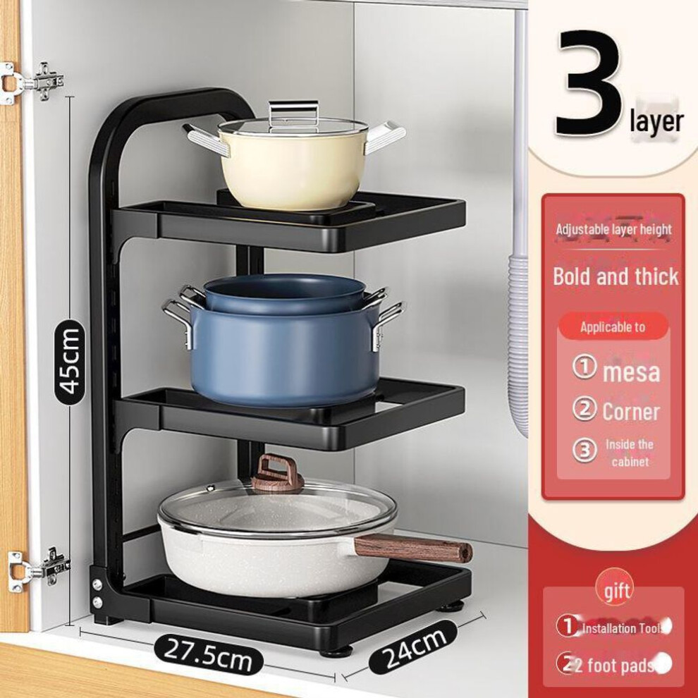 (black, 3 layers) Multi-Layer Kitchen Pot Storage Rack for Under-Sink Cabinets