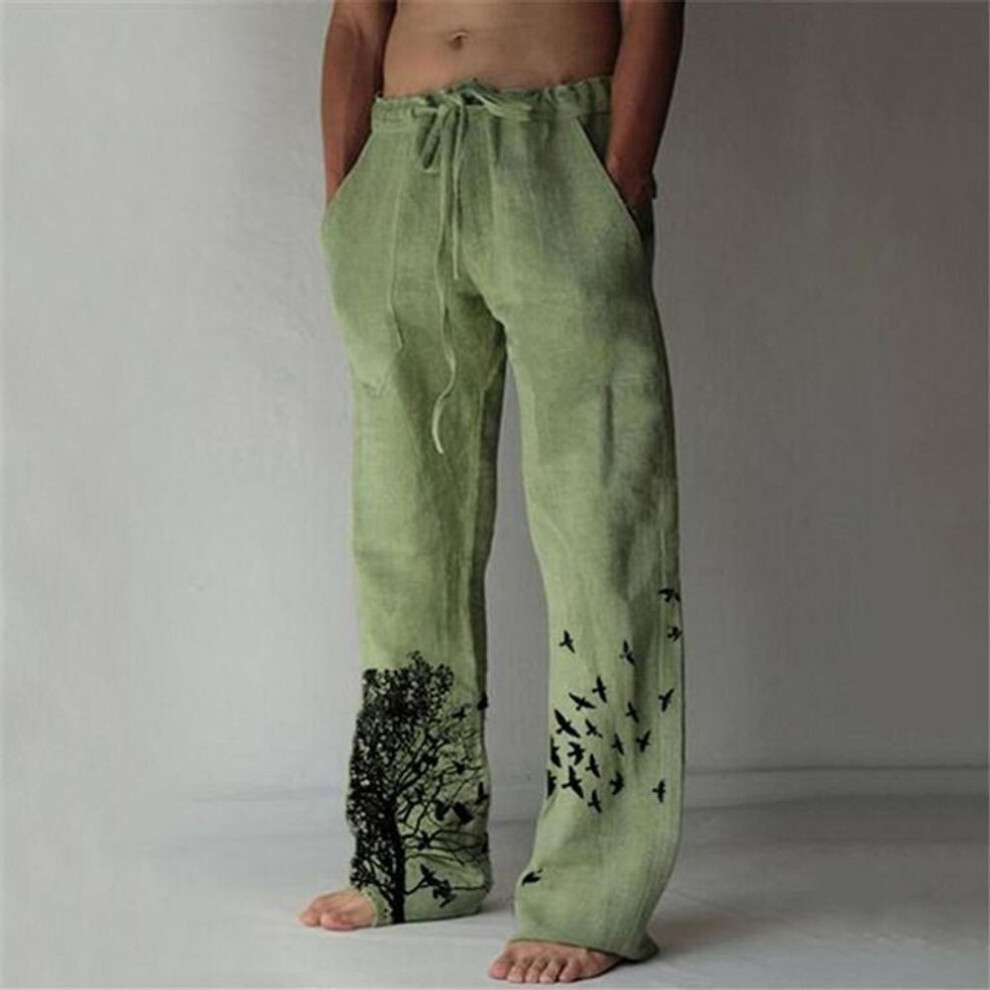 (green, XXL) Men's Casual Loose Solid Color Cotton Linen Trousers Elastic Tie Print Trousers