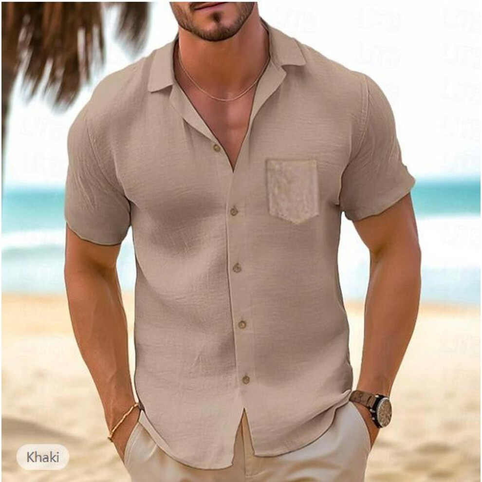 (M, khaki) Men Cotton Linen Men's Short-sleeved Shirts Summer Solid Color Turn-down Collar Casual Beach Style Plus Size Tops