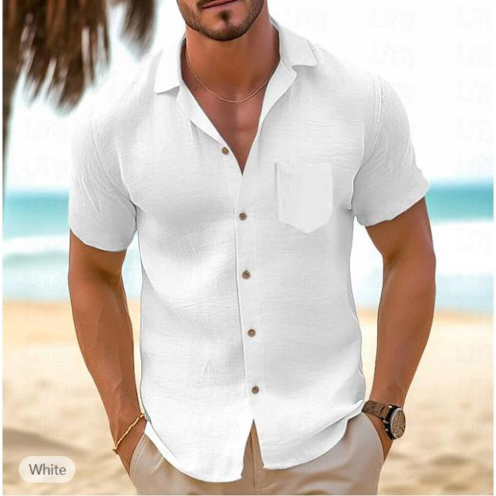 (XXL, white) Men Cotton Linen Men's Short-Sleeved Shirts Summer Solid Color Turn-down Collar Casual Beach Style Plus Size Tops
