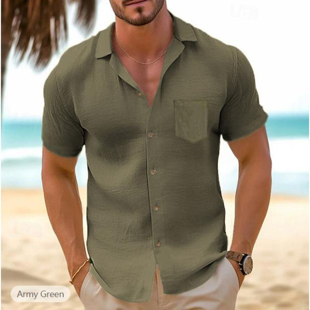 (L, army green) Men Cotton Linen Men's Short-Sleeved Shirts Summer Solid Color Turn-down Collar Casual Beach Style Plus Size Tops