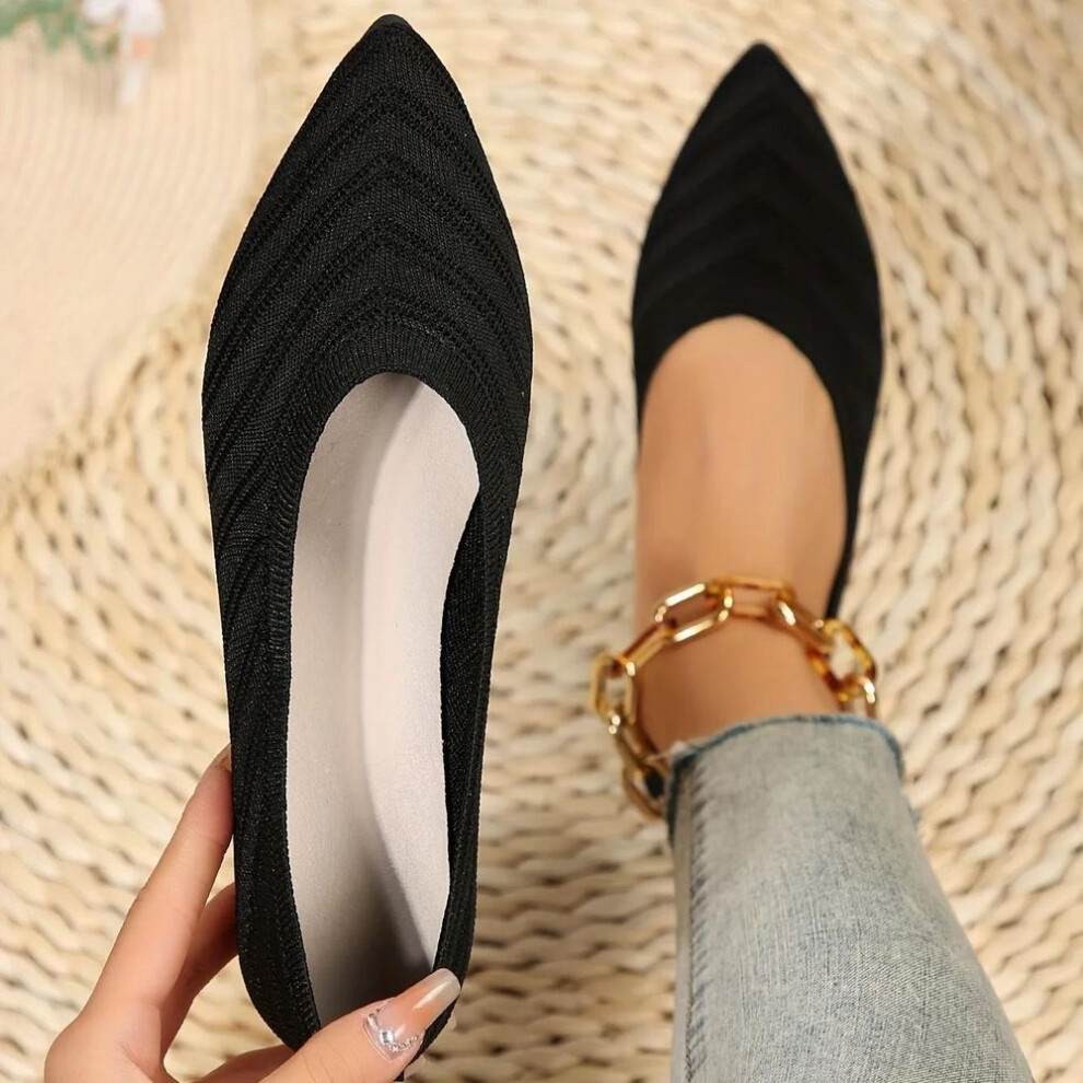 (black, 37) Women's Pointed Toe Flat Shoes Solid Color Knitted Slip On Shoes Casual Breathable Flats Women Flat Loafers Comfort Ladies Shoes