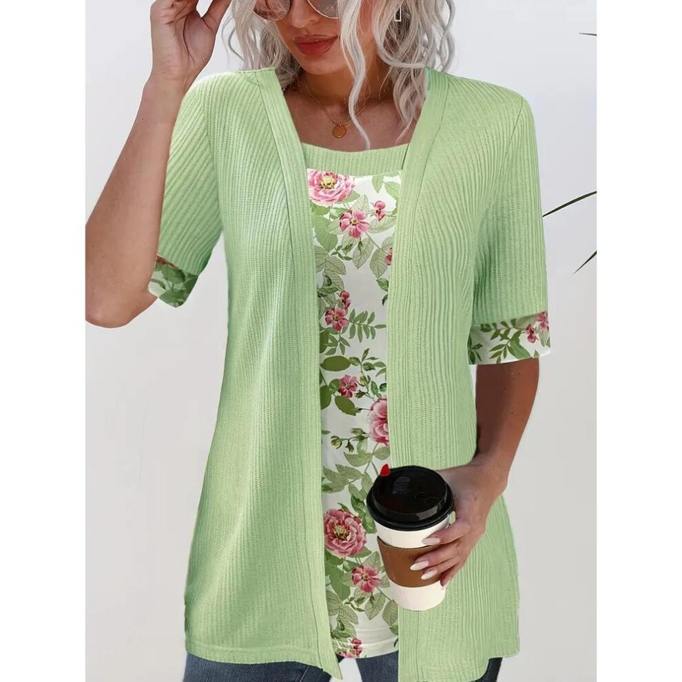 (L, light green) 2024 Summer Women's Fake Two-Piece Spliced Short-Sleeve Printed T-shirt