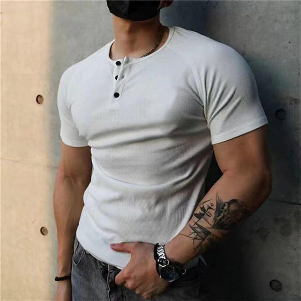 (white, XL) Men's Retro Cotton Henley Shirt - Coarse Thread 230g, Solid Color, Short-sleeve Fitness Top