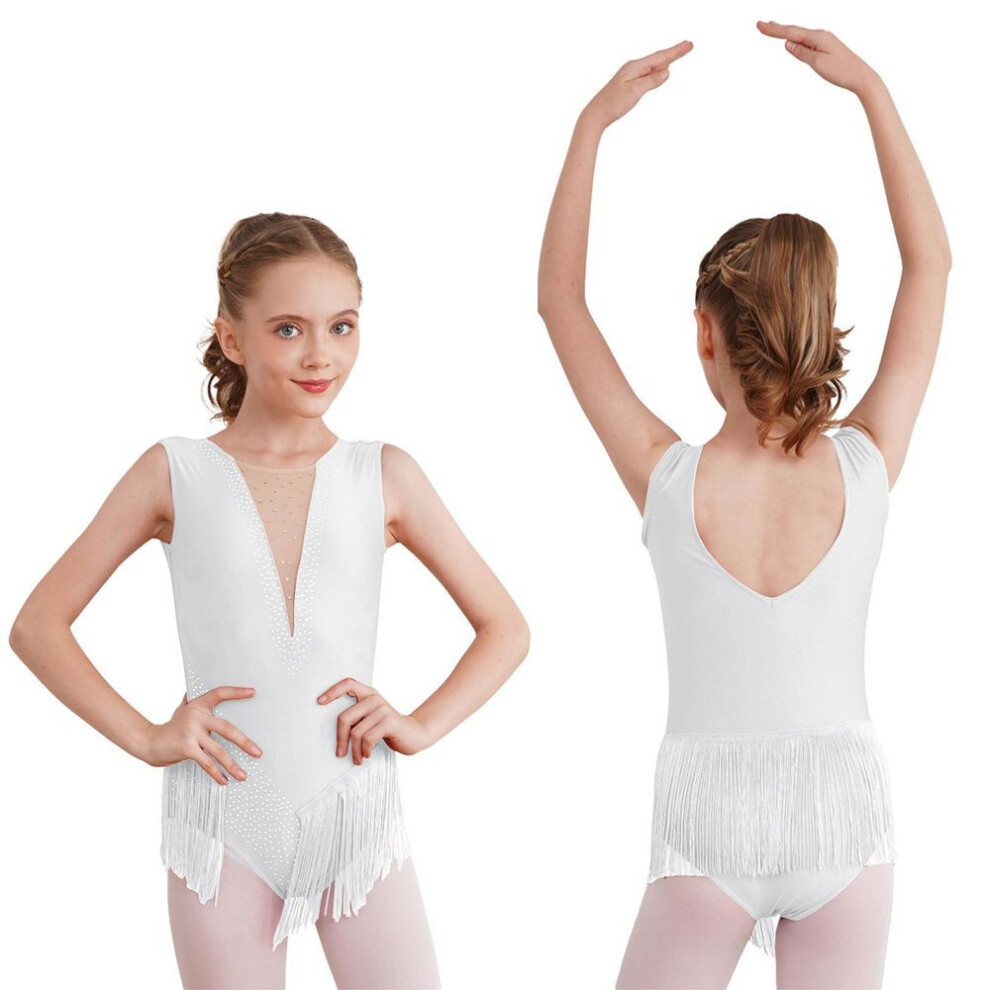 (white, 9-10 Years) Kids Girls Ballet Dance Leotard Figure Skating Gymnastics Performance Costume Shiny Rhinestone Tassel Bodysuit