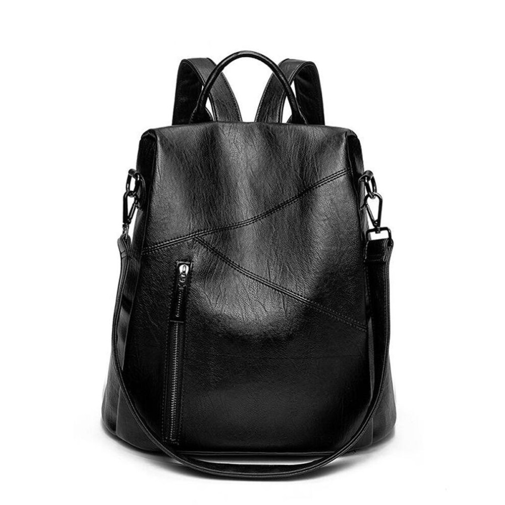 (black) Soft Leather Backpack Female College Students Simple Easy To Take Backpack Spring and Summer Large Capacity Anti-theft Leisure Travel Bag
