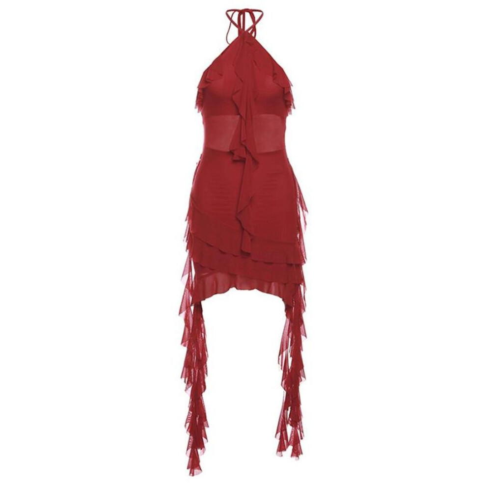 (red, L) Autumn/Winter Women's Solid Color Slim-fit High-waisted Street Fashion Halter Halter Dress
