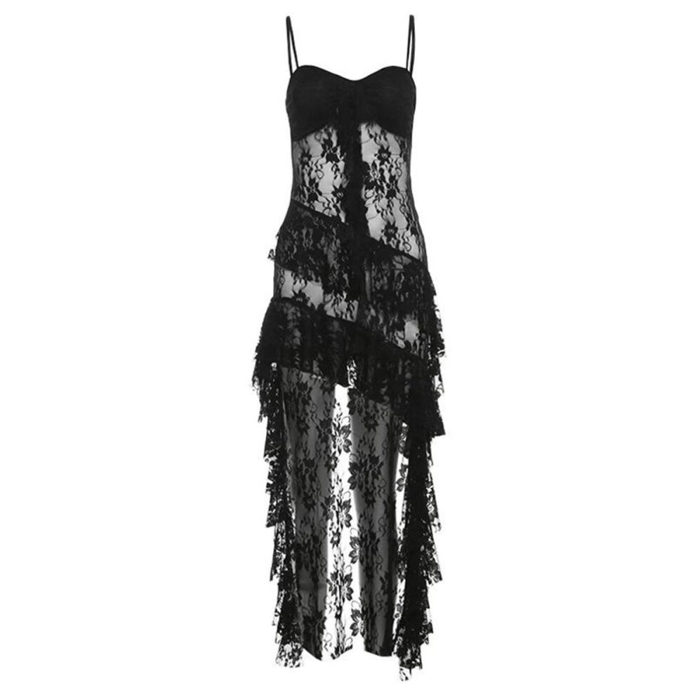 (black, M) Summer Women's Solid Color Slim-fit High-waisted Fashion Halter Halter Lace Dress