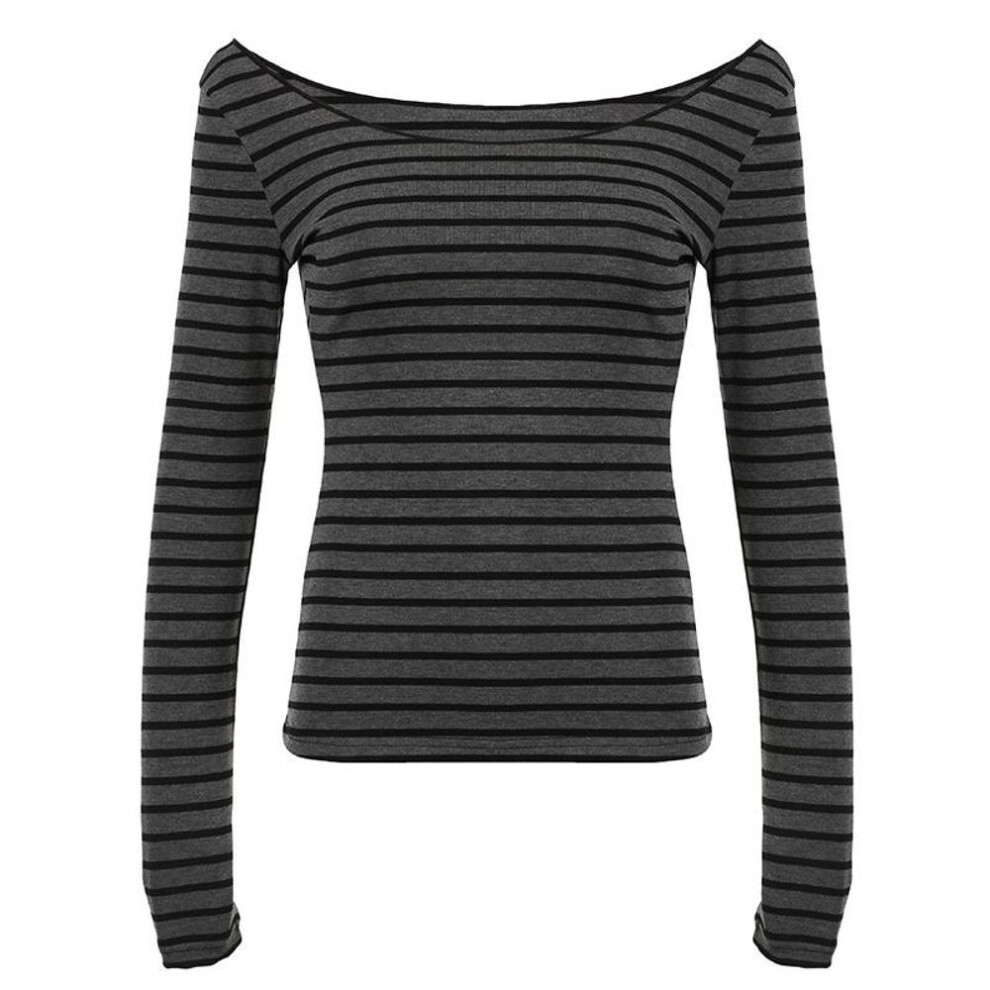 (XL, dark gray) Spring and Autumn Models Women's Street Slim Personality Bottoming Casual One Shoulder Long-sleeved Striped T-shirt