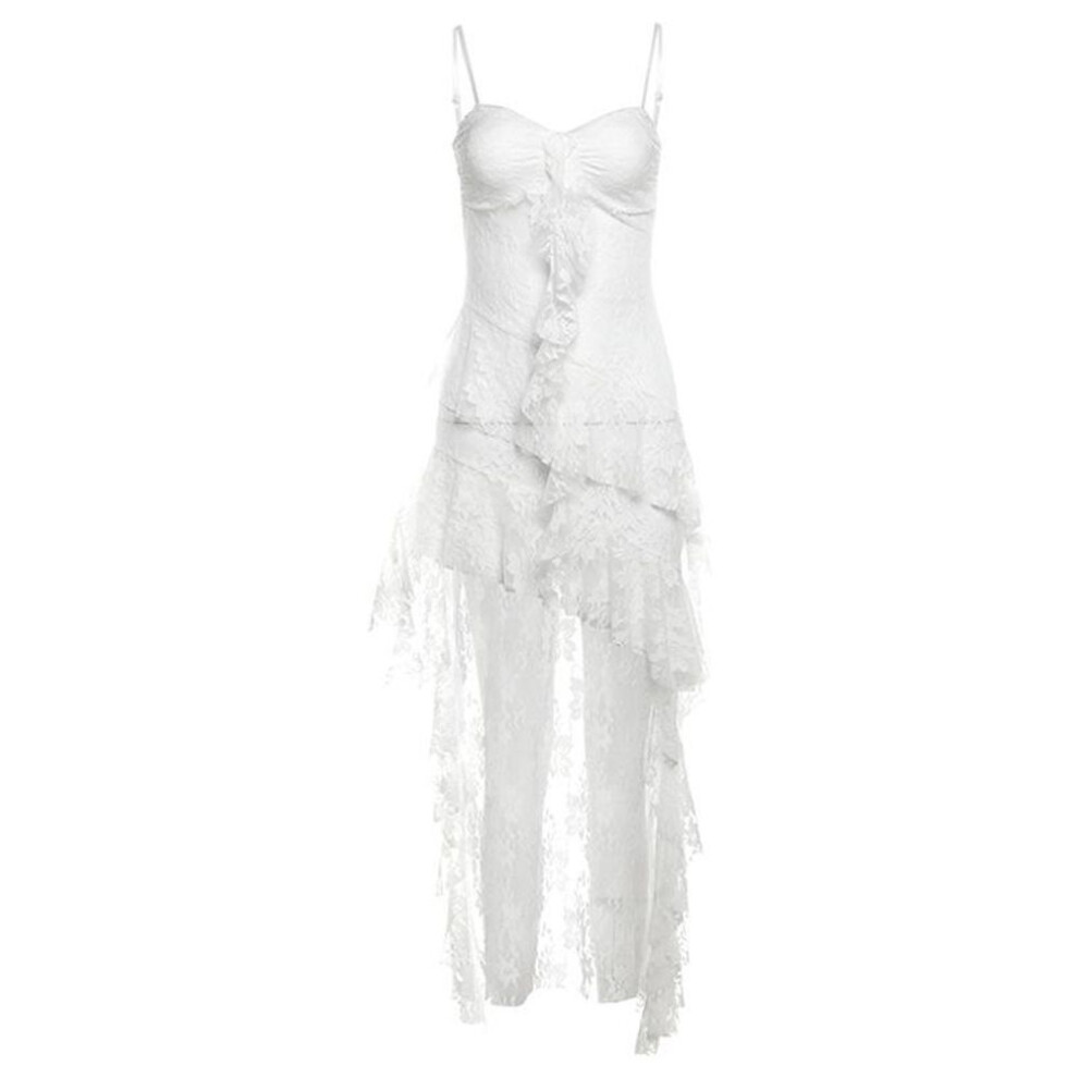 (white, L) Summer Women's Solid Color Slim-fit High-waisted Fashion Halter Halter Lace Dress