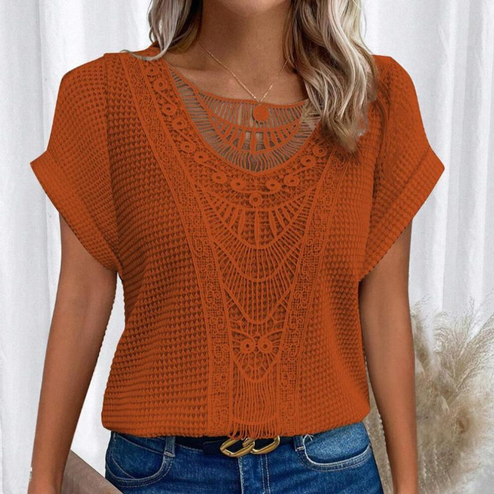 (M, orange) Summer Women's T-Shirt Lace Patchwork Short Sleeve Top