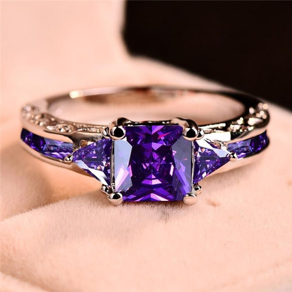 (as the picture, 8) Fashion Women Zinc Alloy Princess Cut Purple Glass Wedding Ring Party Jewelry Gifts Size 5 6 7 8 9 10 11 Ari