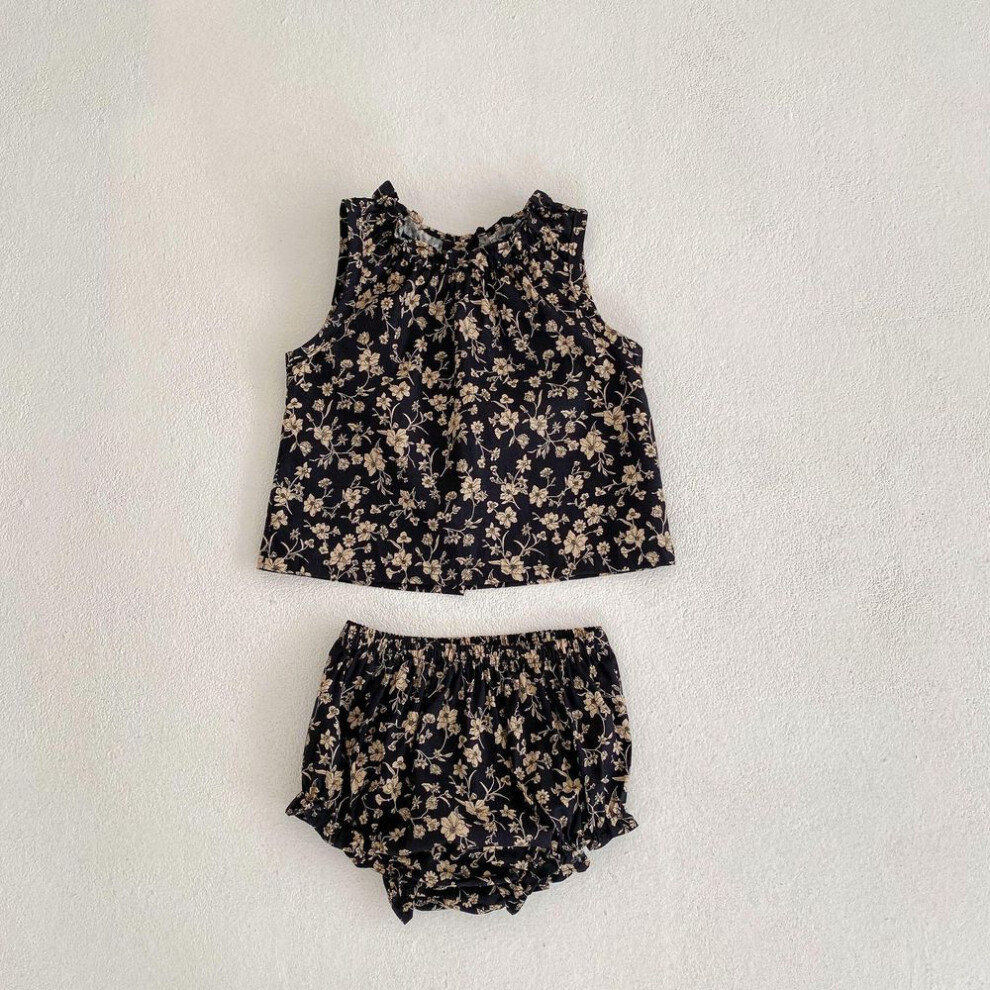 (black, 73 cm) 2024 Summer Baby Girl Floral Sleeveless Top & Shorts Set