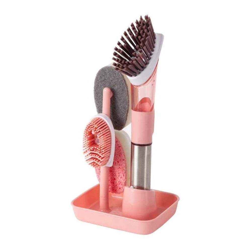 (pink) Kitchen Cleaning Tools Long Handle Dish Brush Liquid Soap Dispenser Cleaner Dish Scrubber Brush Dishwashing Sponge Pot Wash