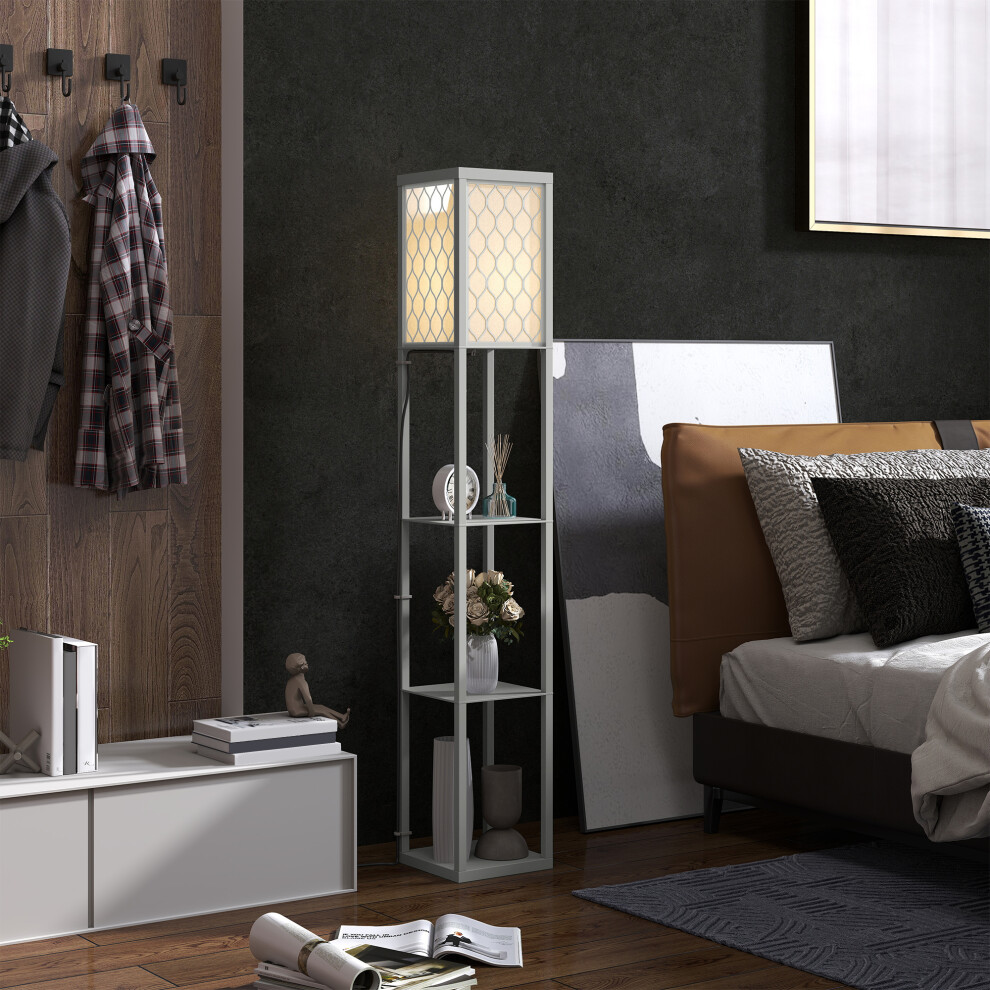 Homcom Modern Floor Lamp Light With Shelves Fabric Lampshade Light Grey