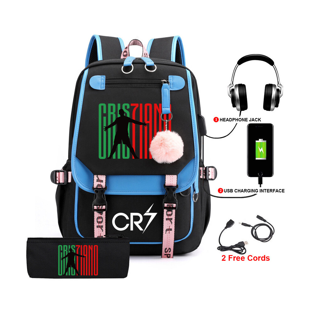 (6, Backpack + pencil bag) New Football Sports Star C Ronaldo Backpack CR7 Student School Bag USB Backpack Waterproof and Wear-resistant Computer Bag-image-OPC-PGM5T25-NEW