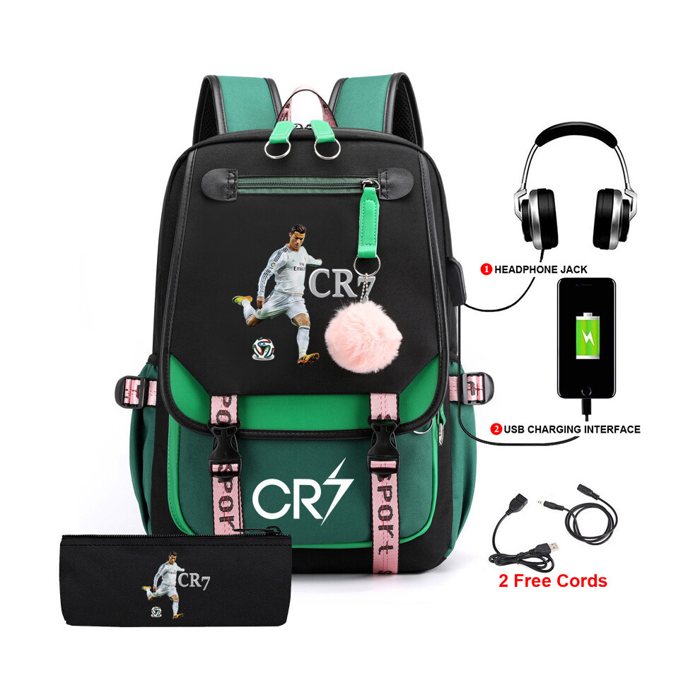 (18, Backpack + pencil bag) New Football Sports Star C Ronaldo Backpack CR7 Student School Bag USB Backpack Waterproof and Wear-resistant Computer Bag-image-OPC-PGM5T2R-NEW