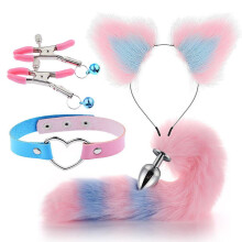 (Blue pink 2) (Red black 2) 4pcs Metal Massager Fox Tail Role Play Cosplay