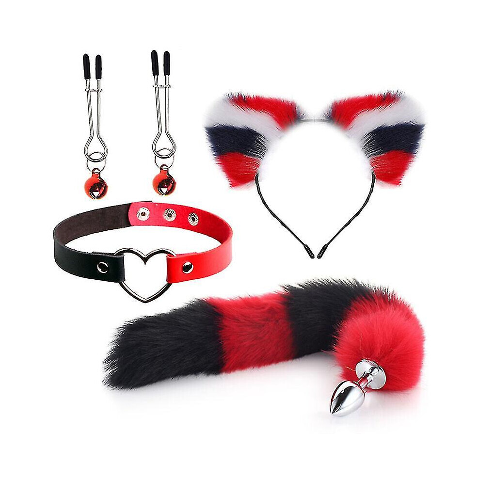 Red/White ( Black3) (White) 4Pcs Metal Massager Fox Tail Role Play Cosplay