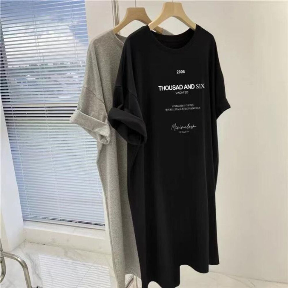 (black, L) Short-sleeved Dresses Women's Summer Plus Size Medium-length T-shirt Dress Knee-length Casual Long Dress