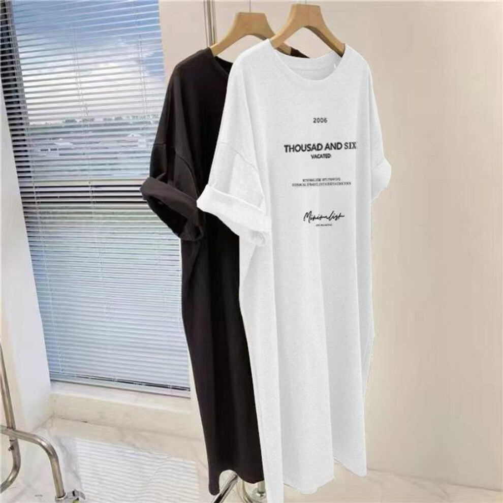 (white, L) Short-sleeved Dresses Women's Summer Plus Size Medium-length T-shirt Dress Knee-length Casual Long Dress