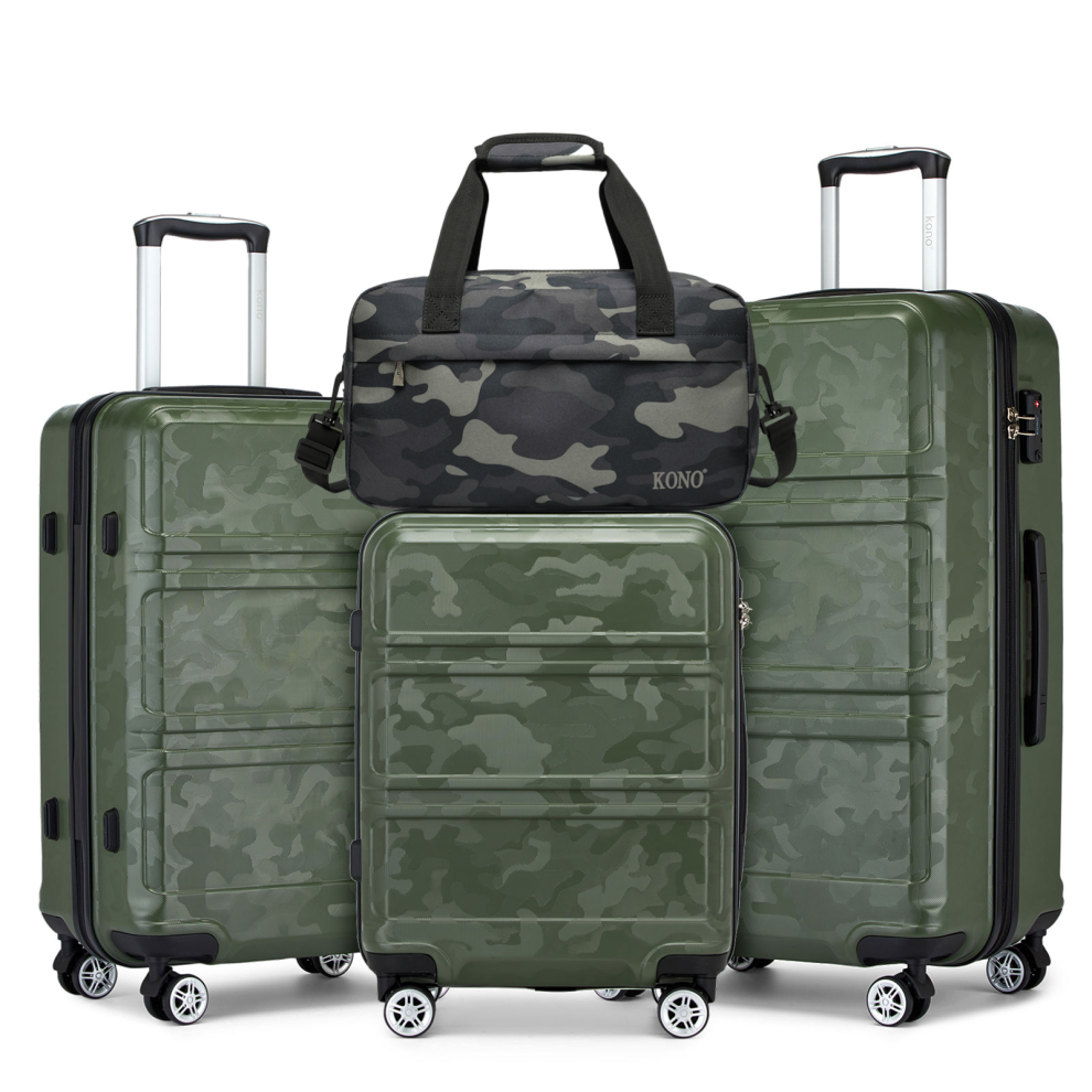 (Camouflage Green) KONO Camouflage Color 4-Piece Travel Set 20/24/28Inch Hard Shell Suitcase With Duffel Bag