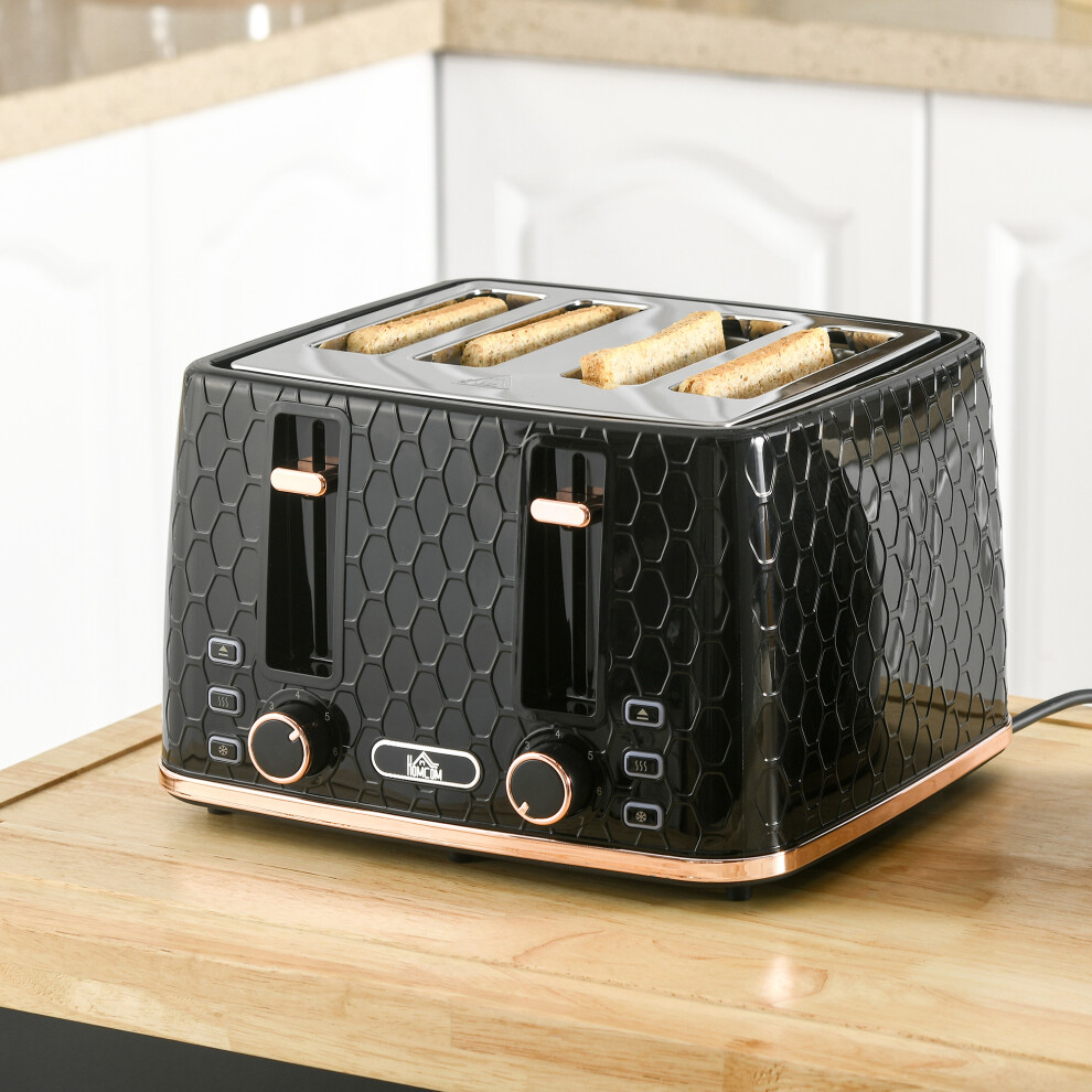 Homcom Toaster With 4 Slot, 7 Browning Levels, 1600W, Black Honeycomb
