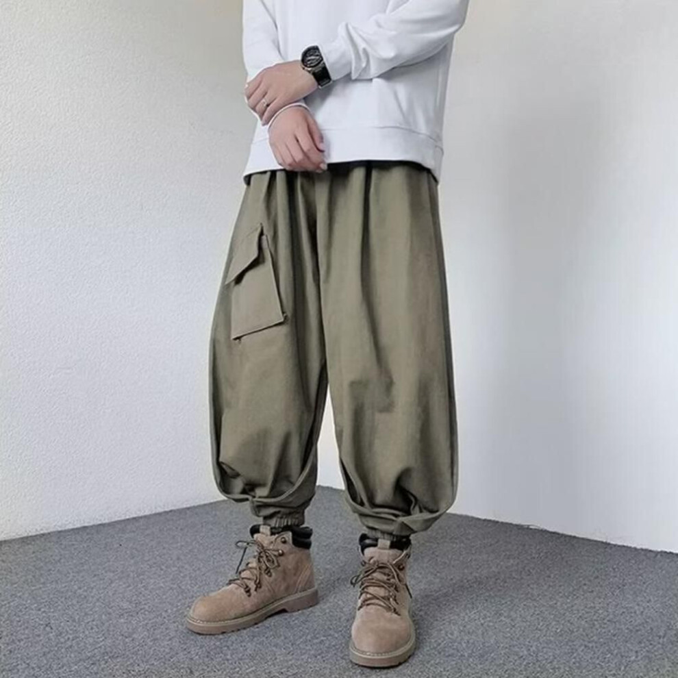 (grey,green, L) Japanese Streetwear Men's Solid Color Pocket Drawstring Jogger Pants Casual Hip Hop Straight Pants Retro Wide Leg Cargo Pants