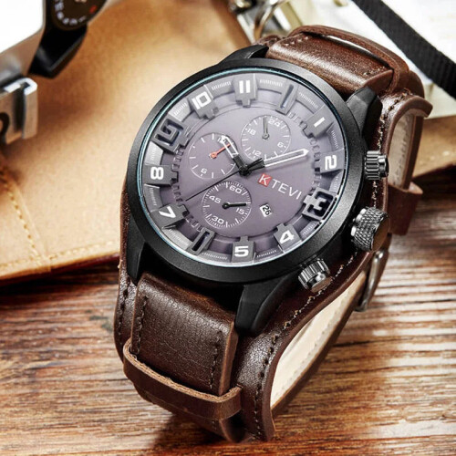 (Coffee) Retro Mens Quartz Watch Leather Strap Date Military Wristwatch 2