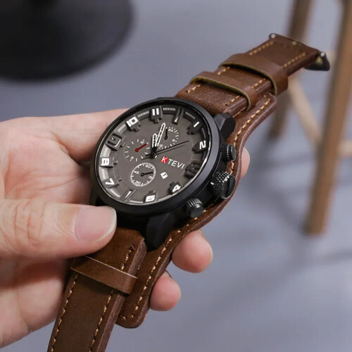 (Coffee) Retro Mens Quartz Watch Leather Strap Date Military Wristwatch