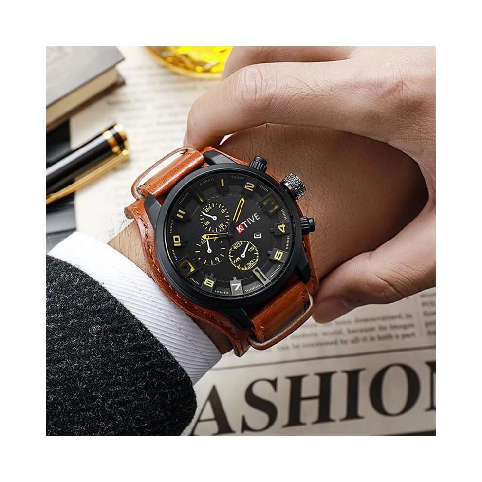 (Orange) Retro Mens Quartz Watch Leather Strap Date Military Wristwatch-image-OPC-PGM5YRR-NEW