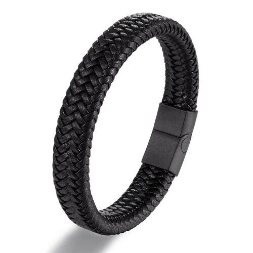 (22cm, Black) Punk Mens Leather Bracelet Magnetic Clasp Braided Woven Bangle