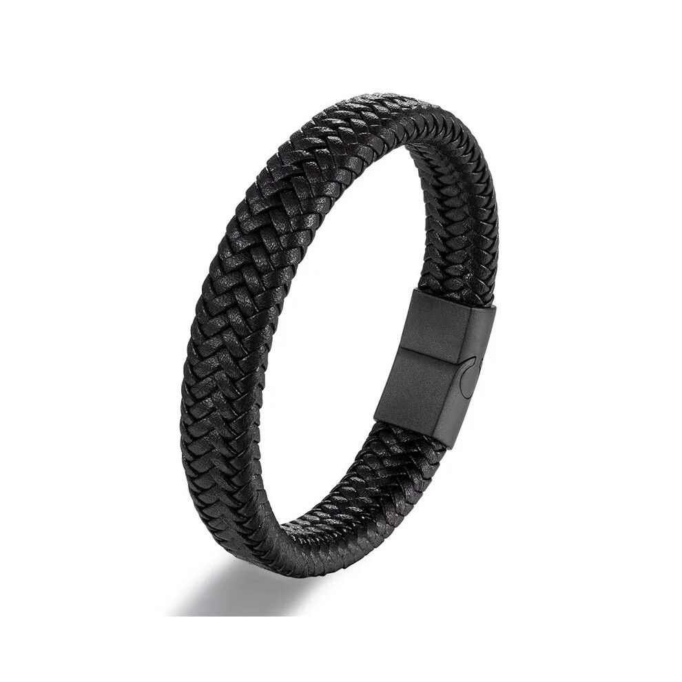 Mkendn (22Cm, ) Punk Mens Leather Bracelet Magnetic Clasp Braided Woven Bangle Black