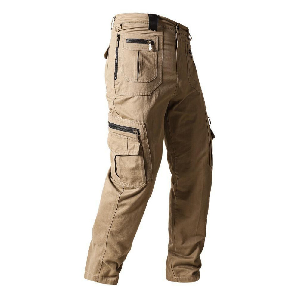 (khaki, S) Men's Multi-pocket Loose Straight Cotton Cargo Trousers - Large Size Trendy Casual Pants for Spring and Autumn