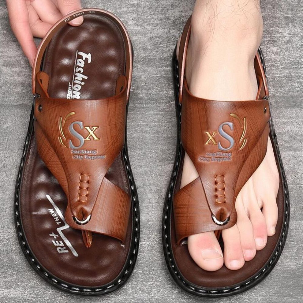 (brown, 42) Sell New High Quality Summer Men Sandals Casual  Genuine Leather Leisure Sandals Designer Shoes Men  Slides Men