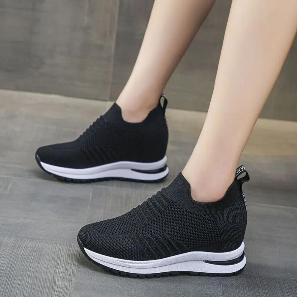(black, 37) New Height-increasing Lace Up Chunky Female Casual Flats Shoe New Women White Sock Shoes Platform Sneakers Breathable Mesh