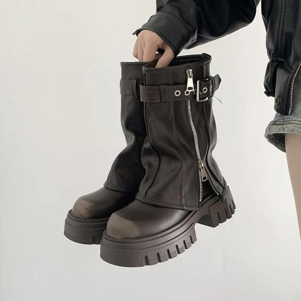 (brown, 35) Winter Women Biker Boots Fashion Belt Buckle Ladies Elegant Platform Long Pipe Booties Casual Women's Knee High Booties