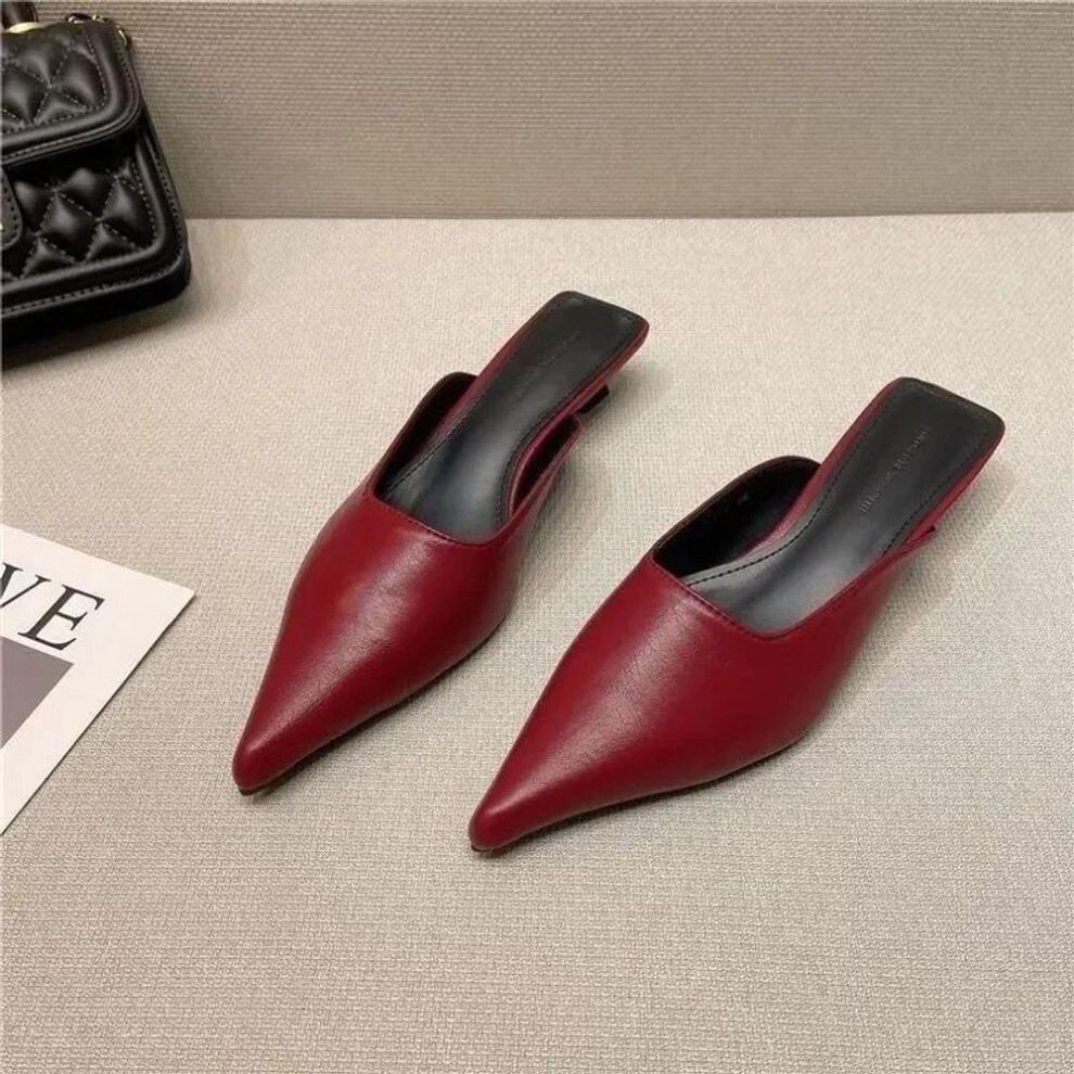 (red, 36) New Low Heel Slippers Close Toe Outdoor Mules Casual Pumps Street Style Woman Sandals Slip On Half Slippers Loafers Red Slides