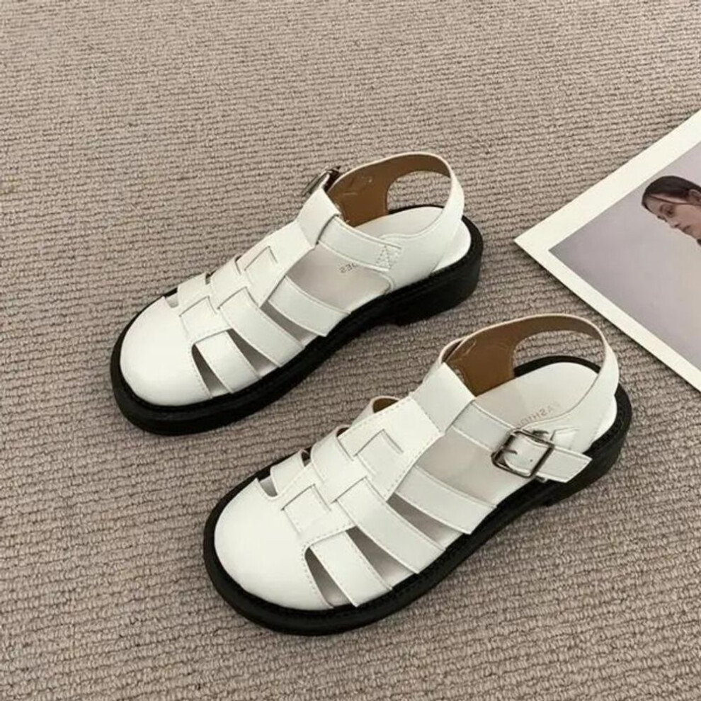 (white, 37) Closed Toe Sandals Retro Woman Shoes Summer Heels Original Girls Gladiator Outside Sports  New Low Flat Pu Slides Fretwork