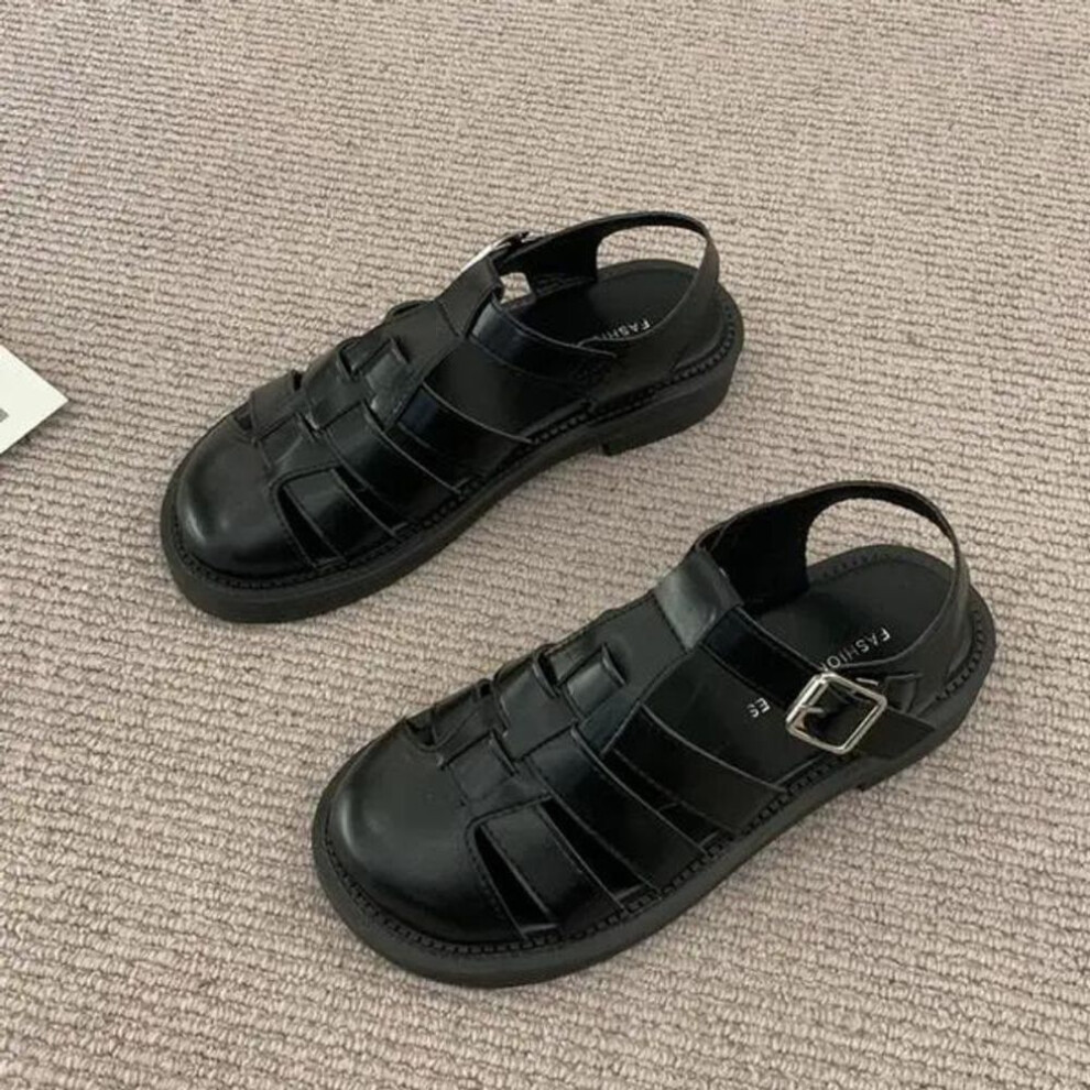 (black, 36) Closed Toe Sandals Retro Woman Shoes Summer Heels Original Girls Gladiator Outside Sports  New Low Flat Pu Slides Fretwork
