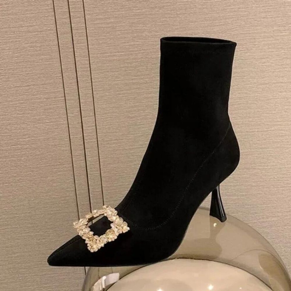 (black, 37) Pointy Elastic Socks Ankle Boots For Women Party Shoes Fashion Lightweight Stiletto Sexy Rhinestone High Heels Botas