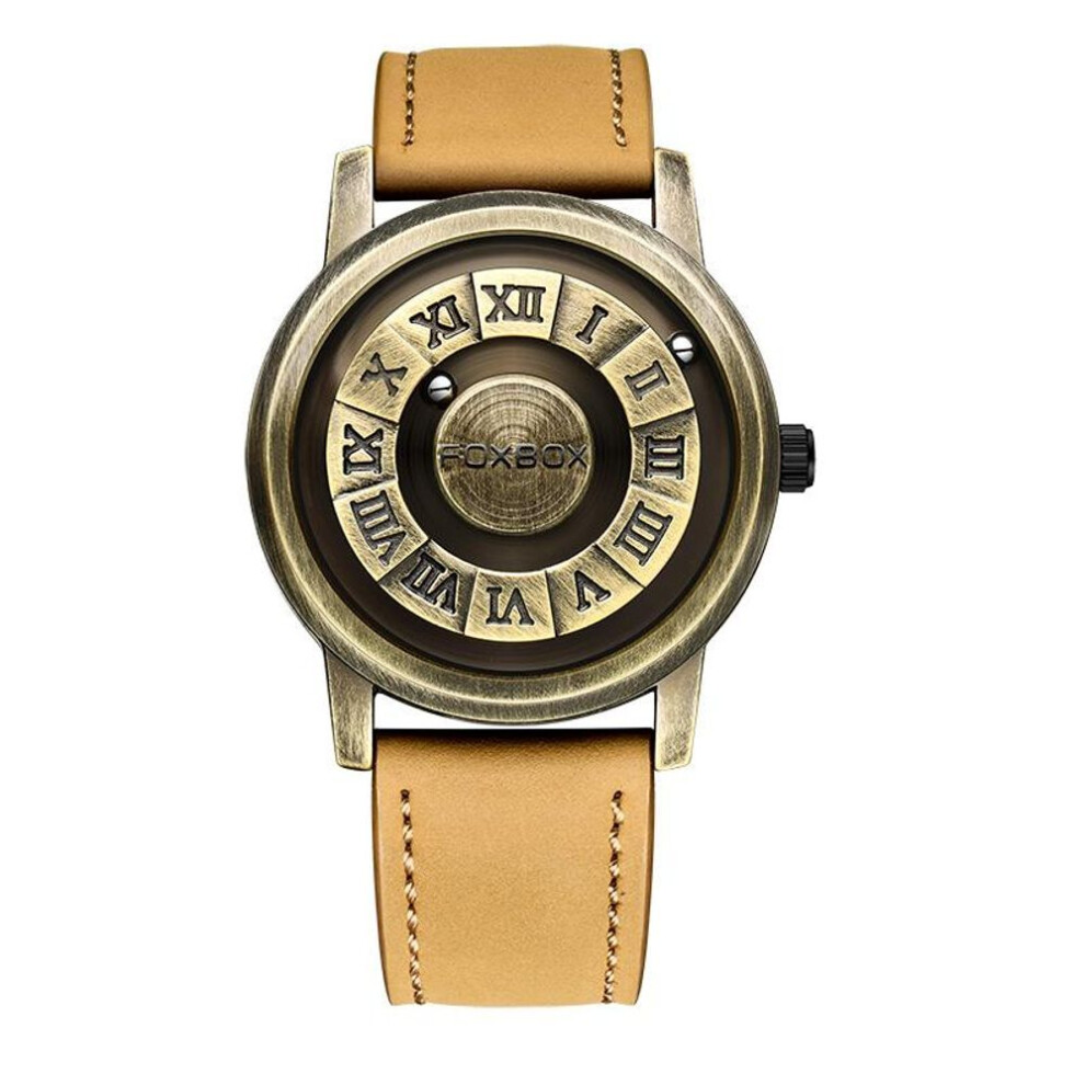 (yellow) Lige New Men Watch Personalized Design Bronze Magnetic Watch Fashion Leisure Sports Men's Quartz Watch