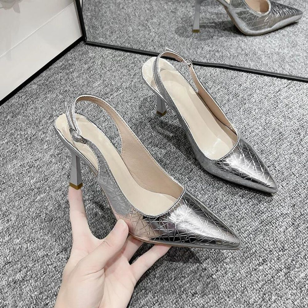 (silver, 36) Ladies Shoes Buckle Strap Women's High Heels Fashion Solid Office and Career Sexy Pointed Toe Plus Size Toe Cap Sandals