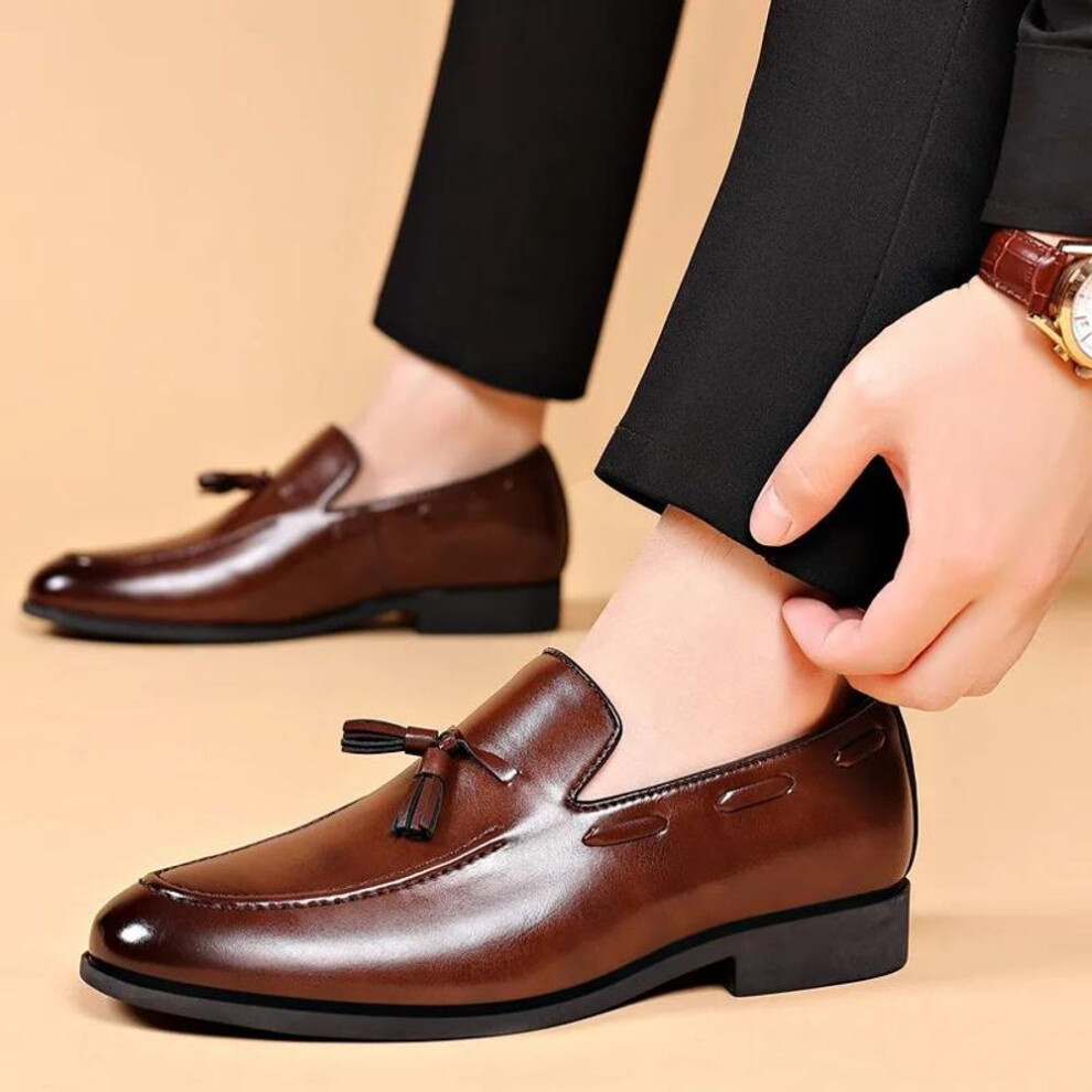 (brown, 48) New Men's Fashion Leather Shoes Dress Style Men Business Loafers Casual Slip On Leather Flat Men Wedding Party Shoe