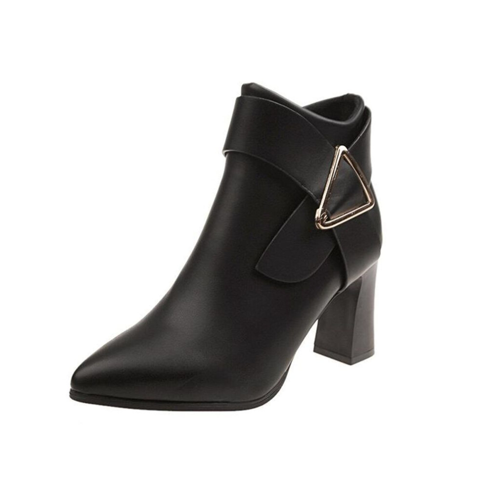 (black, 37) Ankle Boots for Women Spring Autumn Pointed Toe Thick High Heeled Female Short Boots Casual Belt Buckle Back Zipper Botas Mujer