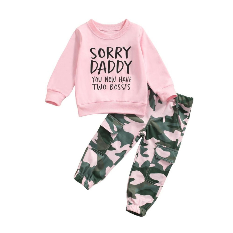 (pink, 5-6 Years) 2 Pcs Infant Casual Outfits, Girls Letter Print Long Sleeve Round Neck Sweatshirt + Camouflage Pants With Pockets