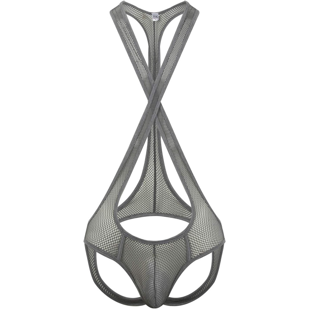 Gray (Large, ) Men's Mesh Jockstrap Bodysuit Sexy Wrestling Singlet Bodysuit