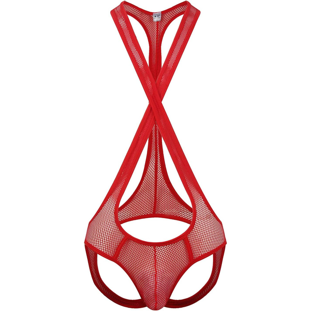 Red (Medium, ) Men's Mesh Jockstrap Bodysuit Sexy Wrestling Singlet Bodysuit