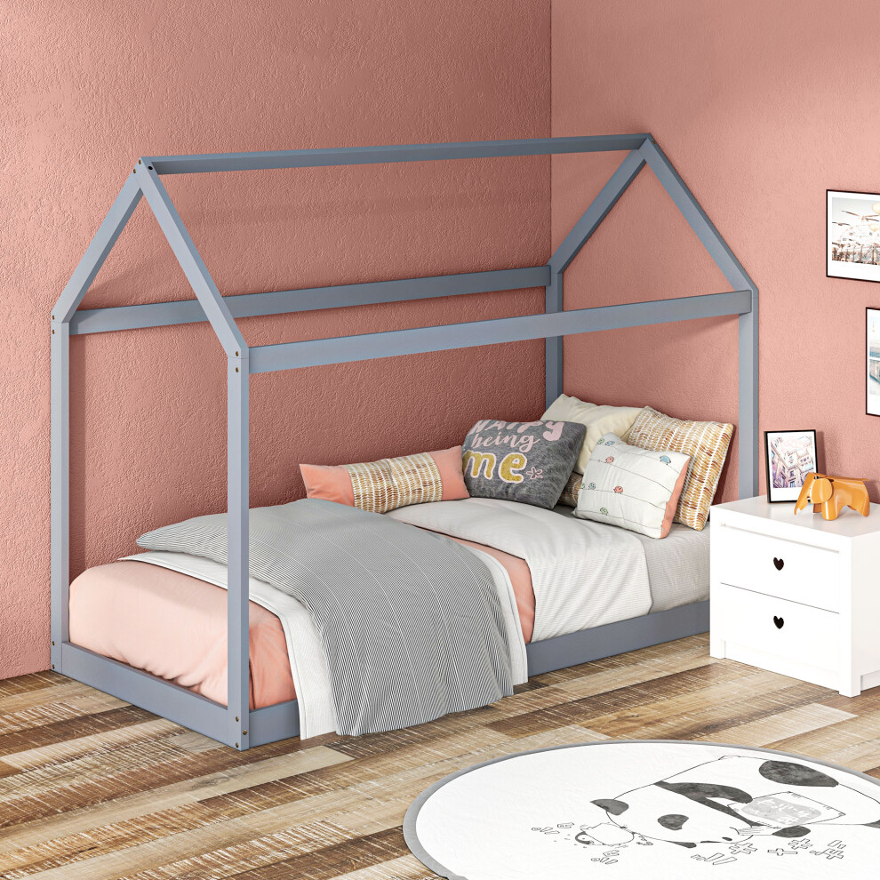 Homcom Wooden Single Bed Frame With Tree House Style, Grey
